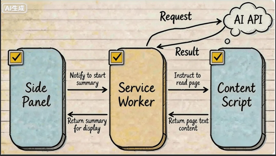 Platzhalter: Ein Architektur-Ablaufdiagramm, das zeigt, wie Content Script, Service Worker und Side Panel Nachrichten aneinander weitergeben