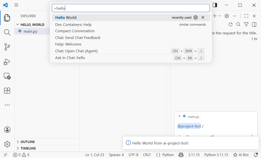 لقطة شاشة لتصحيح أخطاء إضافة VS Code، تعرض نافذة Extension Development Host ورسالة Hello World