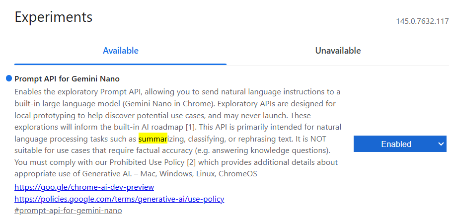 Platzhalter: Screenshot von chrome://flags mit dem Summarization API-Schalter